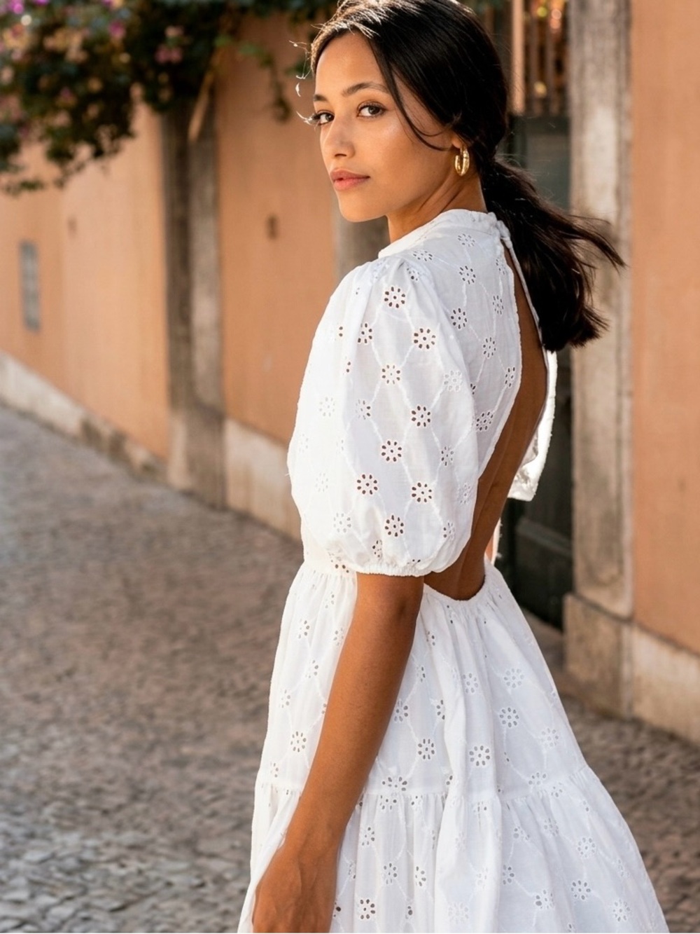 🤍 ZARA Cut Out Back Eyelet MIDI Dress sz Large - Picture 4 of 17